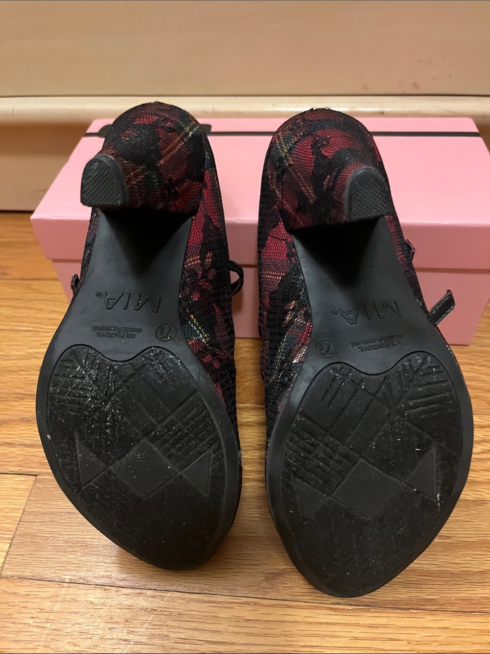 MIA Red and Black Plaid Triple-Strap Heels - Picture 2 of 2